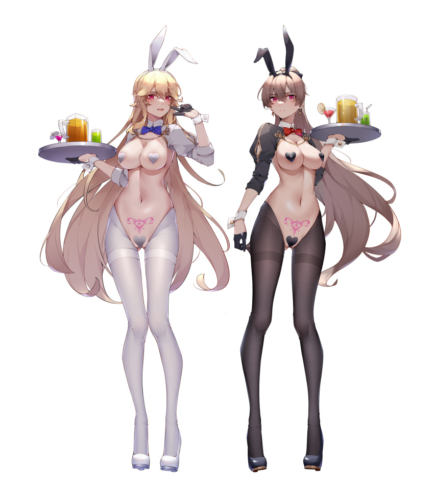 2girls absurdres alternate_costume animal_ears arm_up ass_visible_through_thighs azur_lane bangs black_footwear black_gloves black_legwear blonde_hair blue_bow blue_bowtie blush bow bowtie breasts brown_hair censored cleavage commentary_request covered_nipples earrings eyebrows_visible_through_hair fake_animal_ears gloves half_gloves heart heart_censor high_heels highres holding holding_tray jean_bart_(azur_lane) jewelry large_breasts long_hair multiple_girls navel pantyhose pubic_tattoo rabbit_ears red_bow red_bowtie red_eyes richelieu_(azur_lane) strapless tattoo thigh_gap thighband_pantyhose tray v white_footwear white_legwear wrist_cuffs wsfw