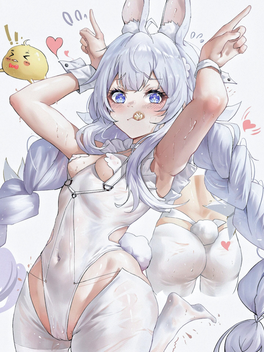 ! !! 1girl animal_ears armpits ass azur_lane bangs blue_eyes blush braid breasts closed_mouth condom condom_in_mouth covered_navel di_qi_gang_guang eyebrows_visible_through_hair fake_animal_ears feet_out_of_frame hands_up heart heart_print highres le_malin_(azur_lane) le_malin_(listless_lapin)_(azur_lane) leotard light_blue_hair long_hair looking_at_viewer manjuu_(azur_lane) mouth_hold no_shoes official_alternate_costume playboy_bunny rabbit_ears rabbit_tail silver_hair simple_background small_breasts smile solo standing star-shaped_pupils star_(symbol) sweat symbol-shaped_pupils tail thighhighs twin_braids very_long_hair white_legwear white_leotard zettai_ryouiki