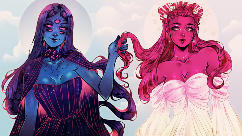 2girls ashiori-chan bare_shoulders black_dress black_hair blue_skin breasts cleavage colored_skin detached_sleeves dress earrings english_commentary extra_eyes hair_ornament hand_in_another's_hair jewelry long_hair lore_olympus medium_breasts multiple_girls nyx_(lore_olympus) painttool_sai_(medium) pink_eyes pink_hair pink_skin red_eyes rhea_(lore_olympus) upper_body white_dress