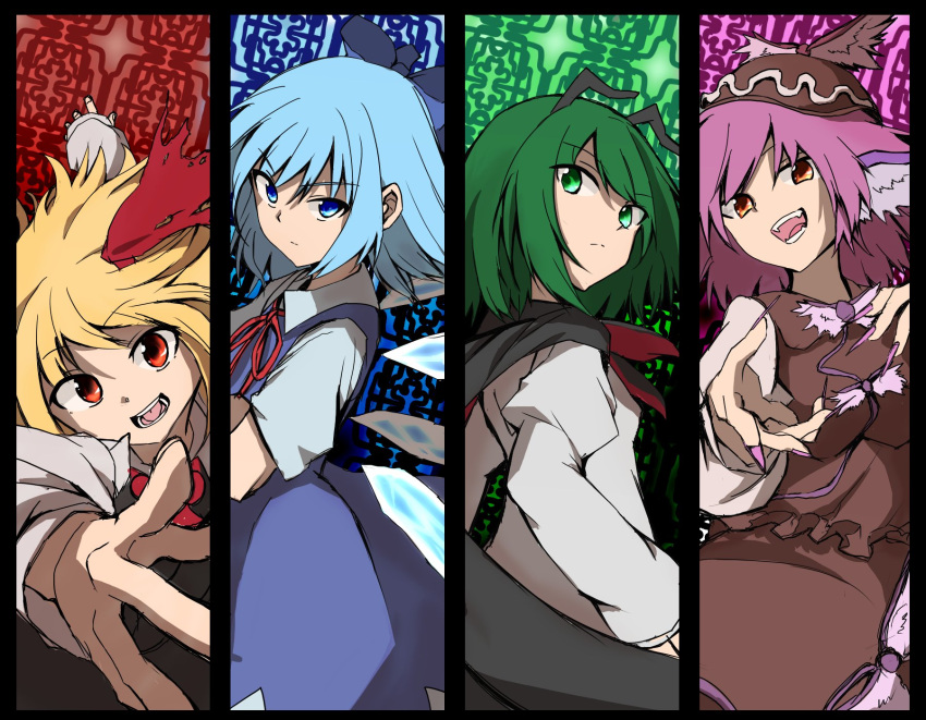 4girls animal_ears antenna_hair bangs bird_ears blonde_hair blue_background blue_bow blue_dress blue_eyes blue_hair bow brown_dress brown_headwear cirno closed_mouth column_lineup dress eyebrows_visible_through_hair fingernails green_background green_eyes green_hair hair_bow hair_ribbon highres ice ice_wings juliet_sleeves long_fingernails long_sleeves looking_at_viewer multiple_girls mystia_lorelei open_mouth pink_background pink_hair pink_nails puffy_sleeves red_background red_eyes red_ribbon ribbon rumia s_mika2000 short_sleeves team_9 touhou upper_body winged_hat wings wriggle_nightbug