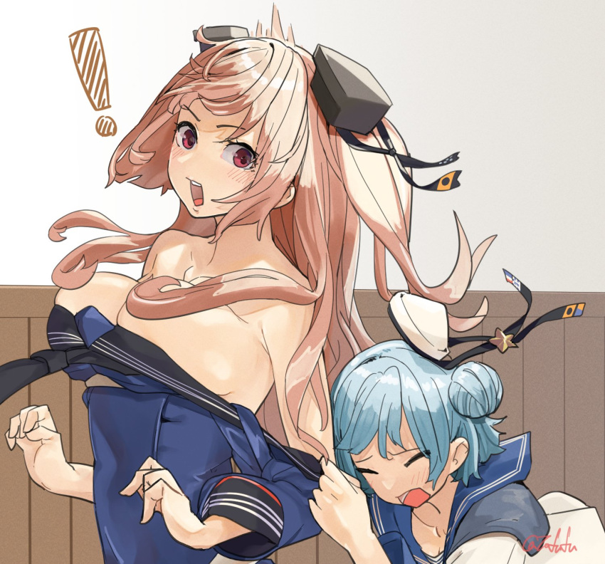 ! 2girls assisted_exposure black_sailor_collar blue_hair blue_sailor_collar blue_shirt blush breasts brown_eyes closed_eyes collarbone dixie_cup_hat double_bun fuwafuwatoufu hat highres johnston_(kancolle) kantai_collection large_breasts light_brown_hair long_hair long_sleeves military_hat multiple_girls off-shoulder_shirt off_shoulder one-hour_drawing_challenge open_mouth sailor_collar sailor_shirt samuel_b._roberts_(kancolle) school_uniform serafuku shirt short_hair signature two_side_up upper_body white_headwear