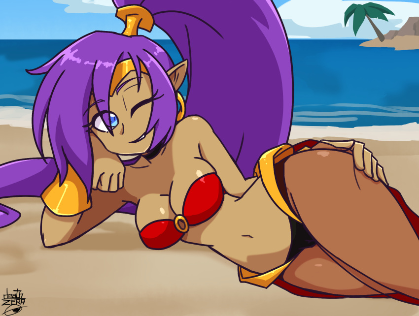 beach belly_dancer big_breasts breasts choker clothing deathzera ear_piercing ear_ring female genie hair hi_res humanoid humanoid_pointy_ears jewelry looking_at_viewer lying midriff necklace not_furry on_side one_eye_closed piercing ponytail seaside shantae shantae_(series) smile solo translucent translucent_clothing video_games wayforward wink