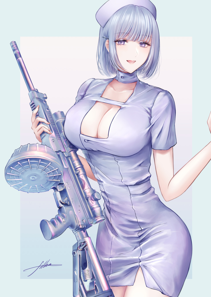 1girl alternate_costume arm_up artist_name bangs breasts cleavage collarbone cowboy_shot dress eyebrows_visible_through_hair filha fingernails girls'_frontline gun hat highres holding holding_gun holding_weapon large_breasts light_machine_gun looking_at_viewer machine_gun nurse nurse_cap open_mouth parted_lips purple_eyes revision rpk-16 rpk-16_(girls'_frontline) short_hair silver_hair simple_background smile solo standing weapon white_dress white_headwear