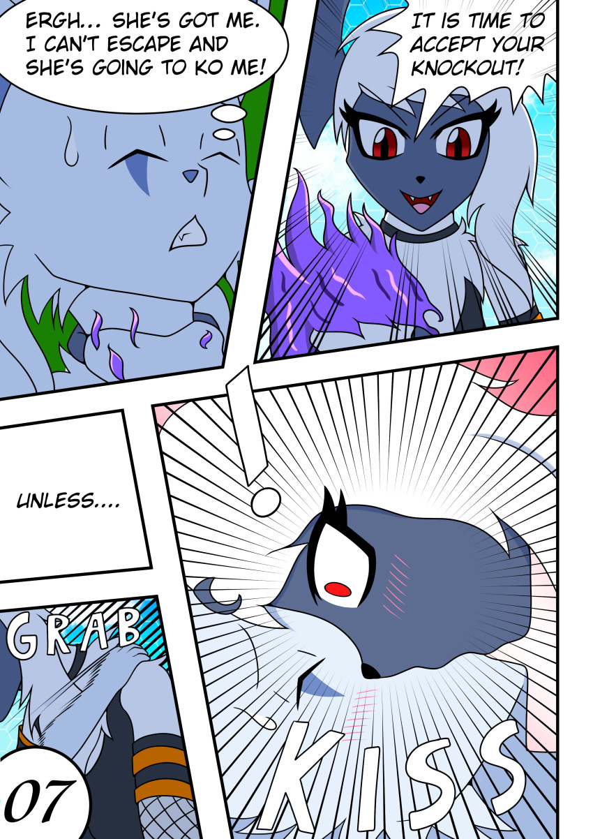 absol absurd_res alolan_ninetales anthro blue_body blue_fur blush chiro_(zerochill) clenched_teeth comic cute_fangs duo english_text exclamation_point facial_markings female fire fluffy fluffy_hair fur grey_body grey_skin hair head_markings hi_res khblacky97 kissing male markings midni_(solarkness) nintendo onomatopoeia pok&eacute;mon pok&eacute;mon_(species) regional_form_(pok&eacute;mon) sound_effects teeth text video_games white_body white_fur white_hair wide_eyed