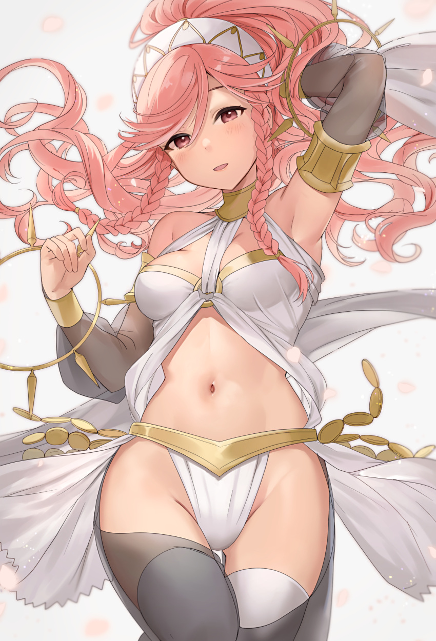 1girl armpits ballerina bangs bare_shoulders blush braid breasts fire_emblem fire_emblem_awakening hair_ornament haru_(nakajou-28) highleg highres lips long_hair looking_at_viewer medium_breasts navel o-ring olivia_(fire_emblem) open_mouth pink_hair revealing_clothes see-through shiny shiny_hair simple_background sleeveless smile solo stomach thighhighs tied_hair white_background