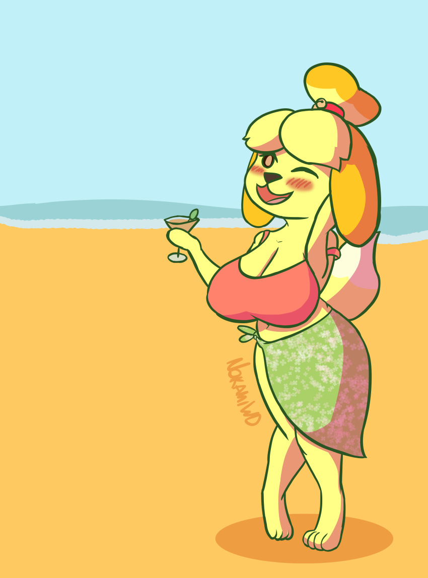 absurd_res animal_crossing anthro beverage big_breasts breasts canid canine canis clothed clothing digital_media_(artwork) domestic_dog female fur hair hi_res holding_beverage holding_object huge_breasts isabelle_(animal_crossing) mammal nintendo nokamiwd outside shih_tzu short_stack simple_background slightly_chubby solo swimwear thick_thighs toy_dog video_games wide_hips yellow_body yellow_fur