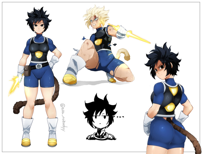 ... 1girl aka_nobodyy angry armor ass battle_damage black_eyes black_hair blonde_hair blue_eyes bodysuit boots character_sheet clenched_teeth dragon_ball energy_blade expressionless from_behind full_body gloves hand_on_hip highres monkey_tail multiple_views original saiyan short_hair short_sleeves skin_tight spiked_hair standing super_saiyan tail teeth time_patrol_(dragon_ball) torn_clothes white_footwear white_gloves
