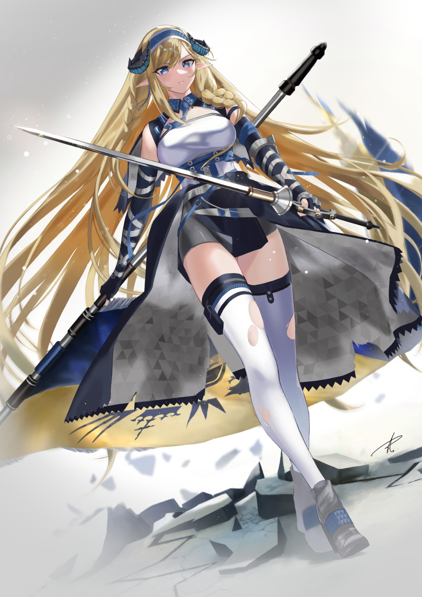 1girl absurdres arknights bangs bare_shoulders black_gloves black_skirt blonde_hair blue_eyes blue_hairband blue_necktie braid breasts commentary_request crossed_legs elbow_gloves flag gloves hairband highres holding holding_flag holding_sword holding_weapon horns large_breasts long_hair looking_at_viewer miniskirt necktie partial_commentary pointy_ears rapier saileach_(arknights) shirt skirt solo standing sword thighhighs torn_clothes torn_legwear twin_braids very_long_hair watson_cross weapon white_legwear white_shirt yaba_(yabababa500) zettai_ryouiki