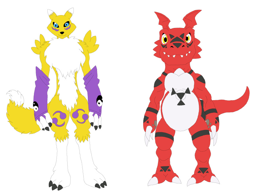 absurd_res anthro bandai_namco big_chest canid canine darkbolt digimon digimon_(species) duo female fox fur guilmon hi_res male mammal red_body red_scales renamon scales scalie yellow_body yellow_fur