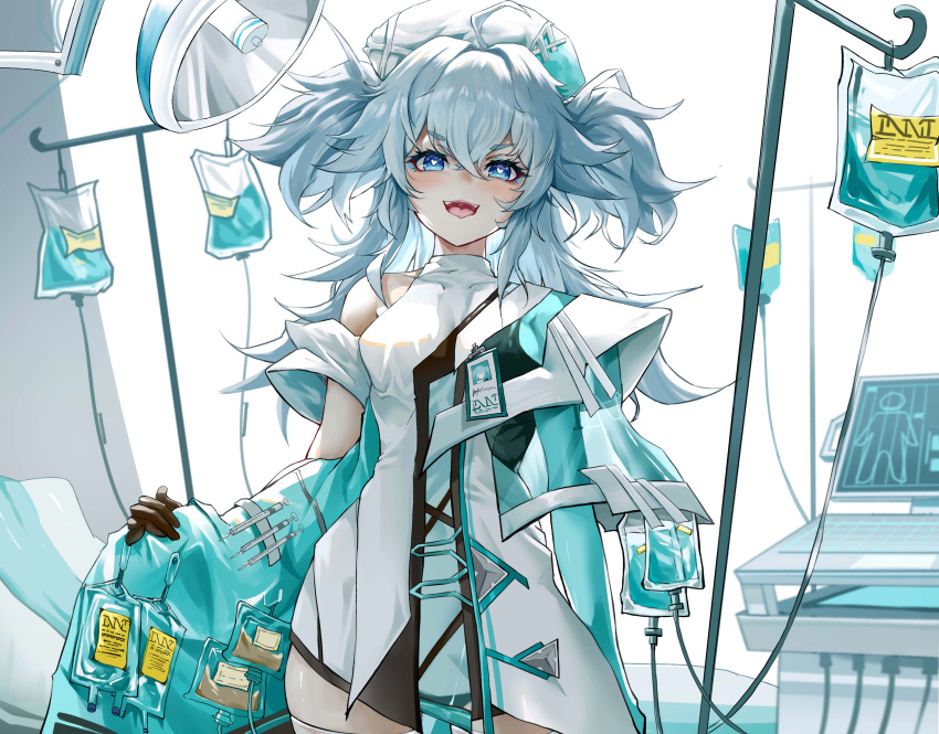 1girl absurdres aqua_gloves bag bangs black_gloves blue_eyes blush breasts di_qi_gang_guang elbow_gloves eyebrows_visible_through_hair girls'_frontline girls'_frontline_neural_cloud gloves hat heart heart-shaped_pupils highres holding holding_bag id_card light_blue_hair long_hair looking_at_viewer multicolored_clothes multicolored_gloves nurse nurse_cap open_mouth pa-15_(girls'_frontline) simple_background smile solo standing symbol-shaped_pupils teeth twintails upper_teeth