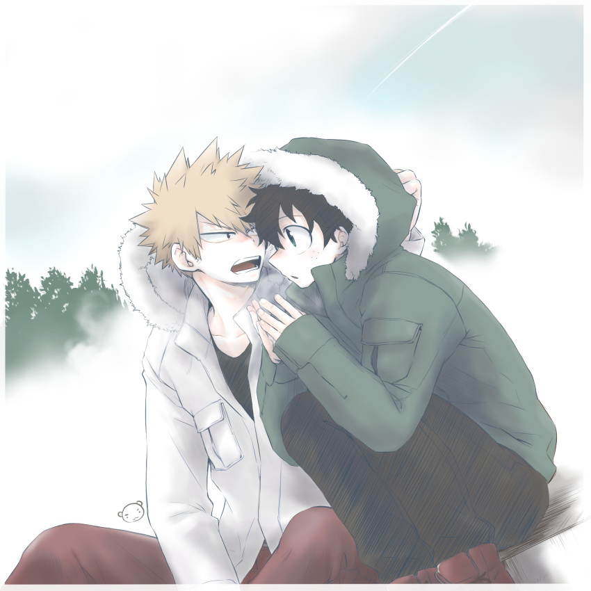 2boys ayata-haikyu bakugou_katsuki blonde_hair boku_no_hero_academia collarbone day dutch_angle fingers_together freckles green_eyes green_hair green_jacket highres jacket male_focus midoriya_izuku multiple_boys open_mouth outdoors red_footwear sitting spiked_hair tree white_jacket