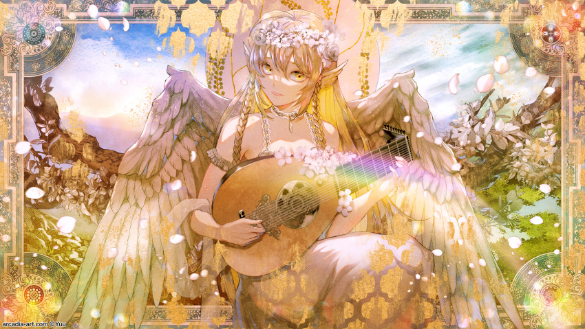 1girl angel_wings bangs bare_shoulders blonde_hair braid brown_hair commentary_request dress eyebrows_visible_through_hair feathered_wings flower hair_between_eyes hair_flower hair_ornament head_wings highres holding holding_instrument instrument long_hair looking_at_viewer multicolored_hair original parted_lips rose shawl solo twin_braids two-tone_hair very_long_hair white_dress white_flower white_rose white_wings wings yellow_eyes yuu_(arcadia)