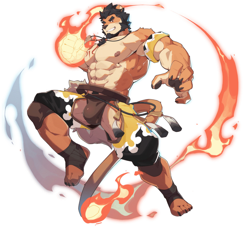 1boy abs alca animal_ears bara bare_pectorals beard black_hair briefs brown_male_underwear bulge chest_hair clothing_cutout crotchless crotchless_pants facial_hair flame-tipped_tail flaming_hand full_body furrification furry furry_male gyee highres jewelry large_pectorals lion_boy lion_ears male_focus male_underwear mature_male muscular muscular_male navel navel_hair necklace nipples official_art pants pectorals red_eyes short_hair stomach tail thick_eyebrows thick_thighs thigh_cutout thighs transparent_background underwear zixiong_zix