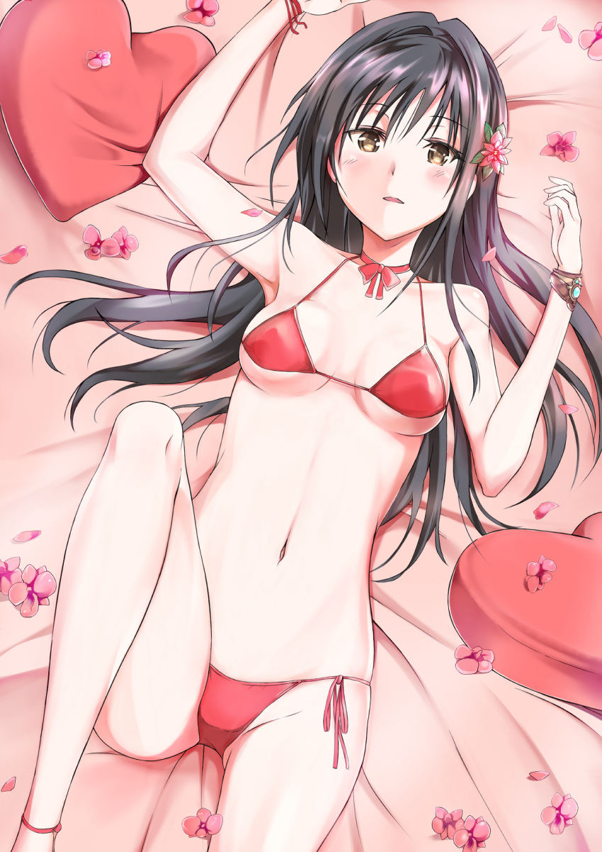 1girl bangs bare_arms bare_legs bed_sheet bikini black_hair blush bokoboko bracelet breasts brown_eyes choker cleavage collarbone eyebrows_visible_through_hair flower from_above hair_between_eyes hair_flower hair_intakes hair_ornament highres jewelry kotegawa_yui long_hair lying navel on_back open_mouth pink_flower red_bikini red_ribbon ribbon ribbon_choker shiny shiny_hair side-tie_bikini sideboob solo straight_hair swimsuit to_love-ru underboob very_long_hair