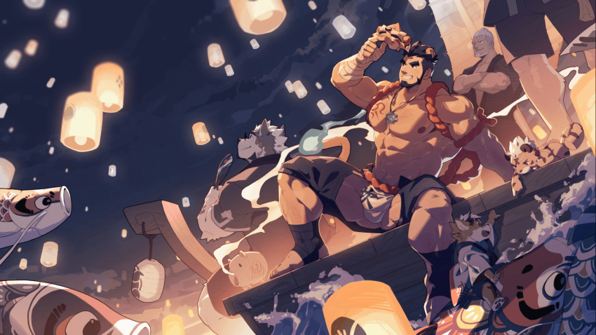 5boys abs alca animal_ears ass_visible_through_thighs bandages bara beard beenic biceps black_eyes black_hair boat bulge chest_hair child cloud cloudy_sky crossed_arms crotchless extra_ears facial_hair fire floating floating_object fundoshi furry furry_male glasses gyee hairy hand_fan happy highres japanese_clothes kanji kimono kite lamp lantern lantern_festival leg_hair lion_ears lion_tail looking_up male_focus manly mask master_(gyee) multiple_boys muscular muscular_male navel navel_hair night night_sky nipples official_art on_floor pants paper_lantern pectorals robe sailboat shorts sitting sky sky_lantern smile smirk smoke spiked_hair spread_legs tail tattoo thick_arms thick_eyebrows thick_thighs thighs topless_male water watercraft white_hair yukata