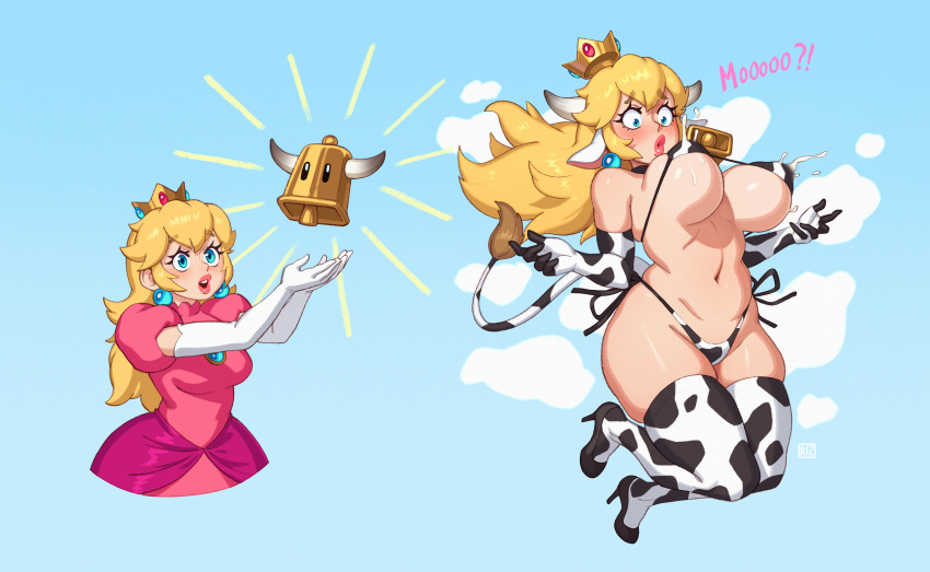 1girl absurdres animal_ears animal_print bell bikini blonde_hair blue_eyes blush breasts covered_nipples cow_ears cow_horns cow_print cow_tail cowbell downscaled dress duplicate earrings elbow_gloves eyelashes gloves high_heels highres horns jewelry lactation lactation_through_clothes large_breasts lips long_hair mario_(series) navel o3o pearl_earrings pink_dress princess_peach puffy_short_sleeves puffy_sleeves resized riz short_sleeves side-tie_bikini stomach swimsuit tail thick_lips thighhighs thong_bikini transformation