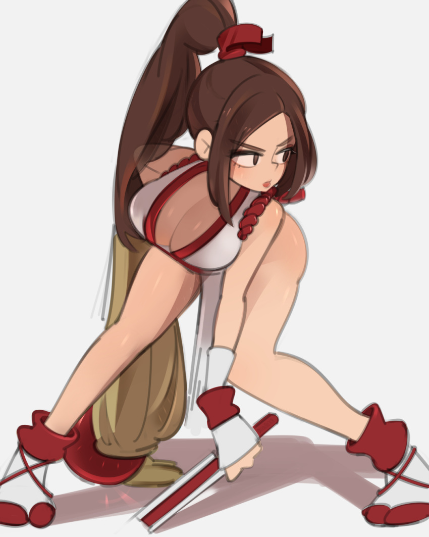 1girl bangs bent_over blush breasts brown_eyes brown_hair cleavage fatal_fury hand_fan highres holding holding_fan large_breasts long_hair looking_to_the_side onionsketch parted_bangs shiranui_mai sketch solo the_king_of_fighters v-shaped_eyebrows very_long_hair white_footwear