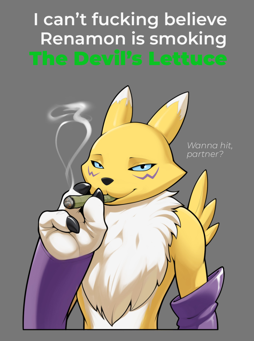 anthro badroy bandai_namco digimon digimon_(species) drugs female hand_focus hi_res marijuana renamon smoking solo