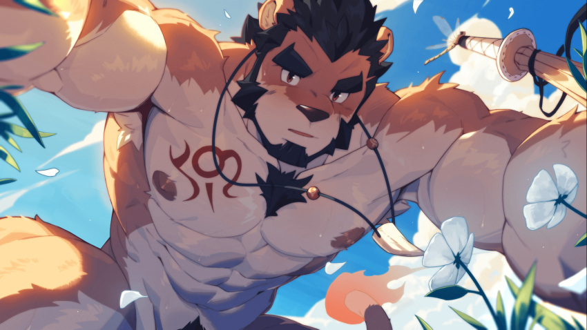 1boy abs alca armpits bara beard biceps black_hair bug chest_tattoo cloud cloudy_sky day facial_hair fire firefly flower furry furry_male glasses gyee highres jewelry lion_boy looking_at_viewer male_focus manly muscular muscular_male navel navel_hair necklace nipples nude official_art open_mouth pectorals petals red_eyes sky solo spiked_hair sword tail tattoo thick_arms thick_eyebrows thick_thighs thighs weapon wooden_sword zixiong_zix