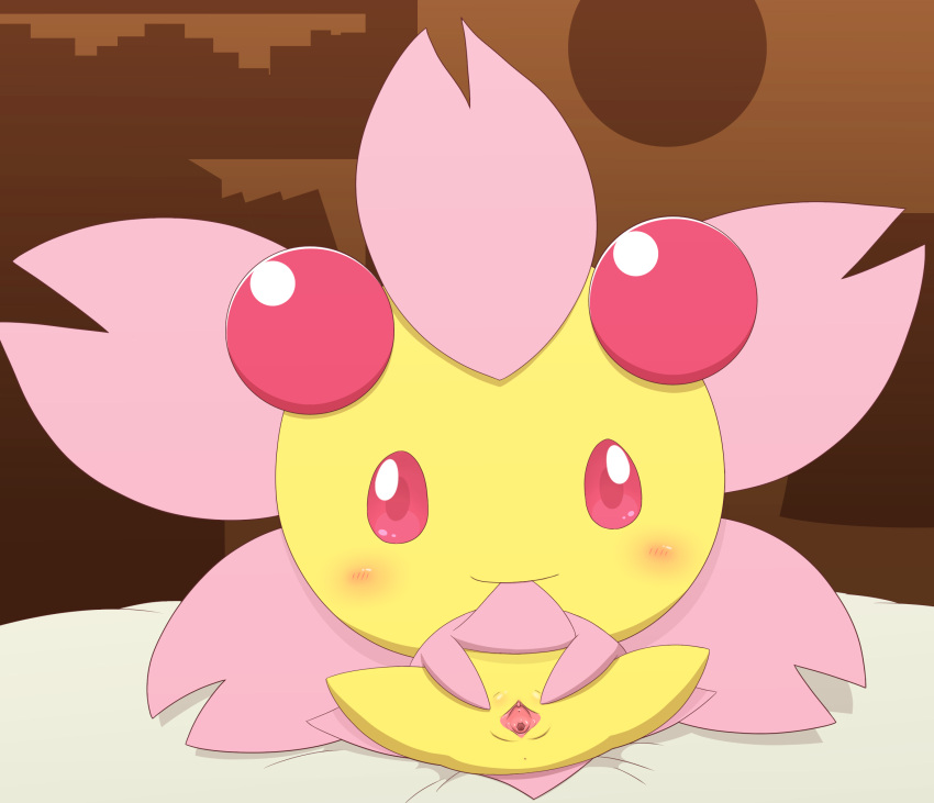 bed blush cherrim elemental_creature female flora_fauna furniture genitals hi_res minami_(artist) nintendo on_bed pink_body pink_eyes plant pok&eacute;mon pok&eacute;mon_(species) presenting presenting_pussy pussy solo spread_legs spread_pussy spreading sunshine_form_cherrim video_games yellow_body