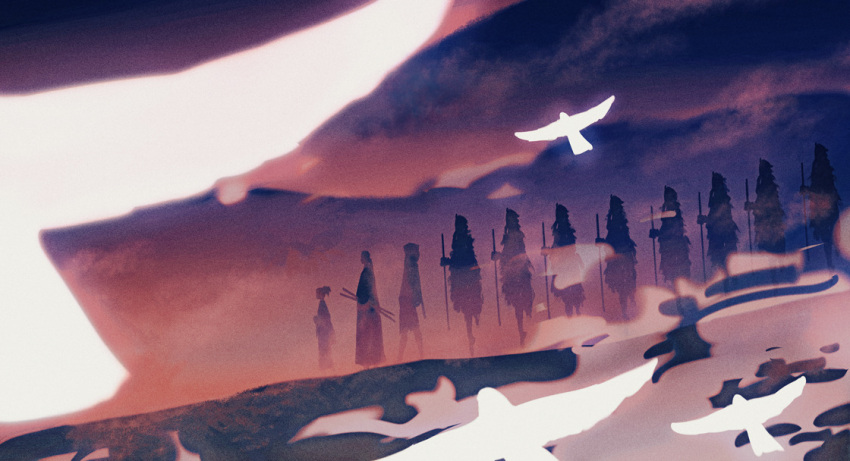 1girl 2boys 6+others bird fog from_side fuu_(samurai_champloo) glowing_bird hill holding holding_weapon japanese_clothes jinnosuke kimono lineup mountainous_horizon mugen_(samurai_champloo) multiple_boys multiple_others outdoors ponytail samurai_champloo shorts starstruckdon sword walking weapon