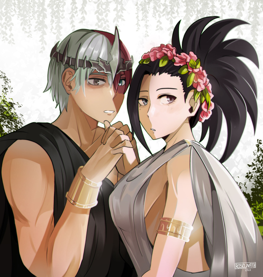 1boy 1girl black_hair boku_no_hero_academia bracelet breasts burn_scar couple crown flower greek_clothes greek_mythology hades hair_flower hair_ornament hetero highres holding_hands jewelry persephone_(mythology) red_hair roselinath scar sideboob todoroki_shouto white_background white_hair yaoyorozu_momo