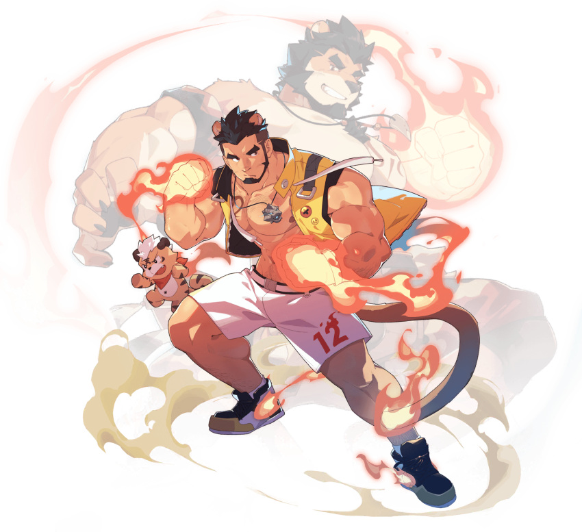 1boy abs alca animal_ears bara bare_pectorals beard belt black_hair bracelet bulge character_doll chest_hair cropped_jacket extra_ears facial_hair fighting_stance fire flame-tipped_tail flaming_hand full_body grey_shorts gyee highres jacket jewelry large_pectorals lion_boy lion_ears lion_tail looking_to_the_side male_focus mature_male muscular muscular_male navel navel_hair necklace nipples official_art open_clothes open_jacket pectorals red_eyes shoes short_hair shorts sneakers stomach tail thick_arms thick_eyebrows thick_thighs thighs transparent_background undercut unzipped zixiong_zix