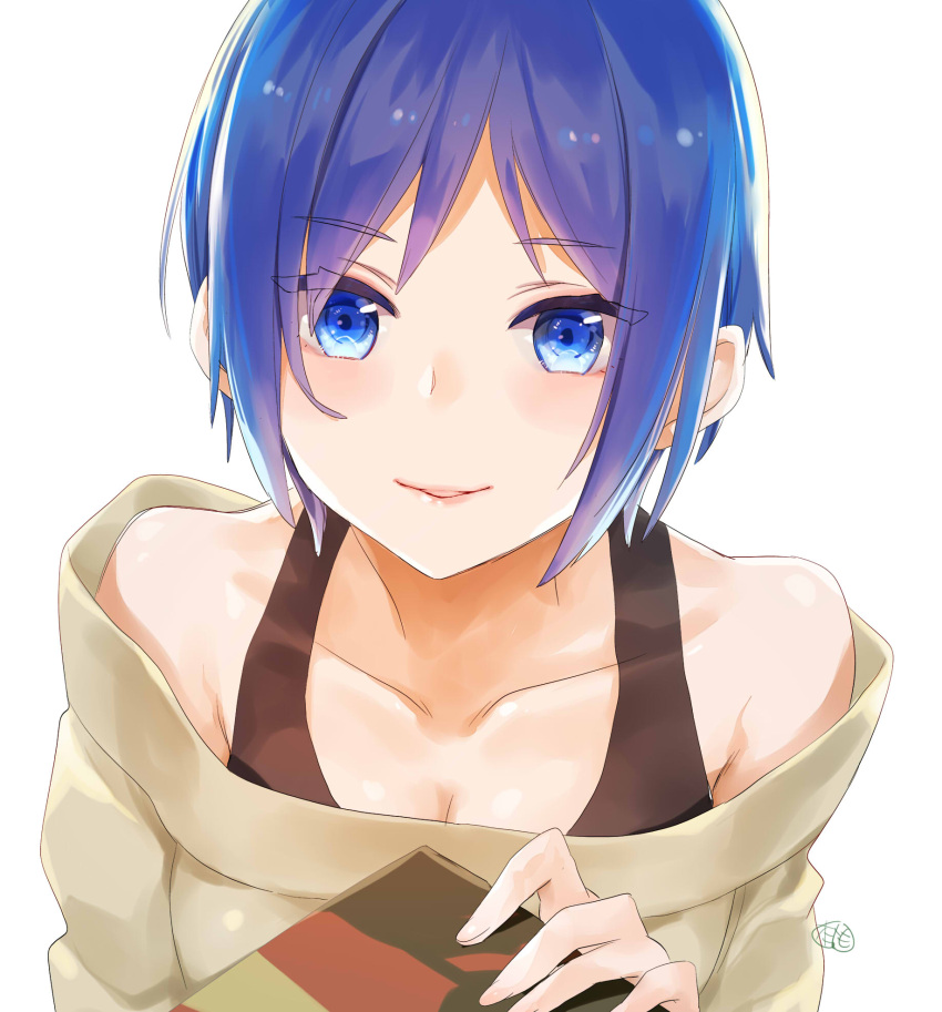 1girl blue_eyes blue_hair box breasts cleavage collarbone grey_sweater highres holding holding_box looking_at_viewer momoyama_hinase no_eyewear off-shoulder_sweater off_shoulder parted_lips rinoda_mano school_girl_strikers short_hair simple_background small_breasts smile solo sweater upper_body white_background
