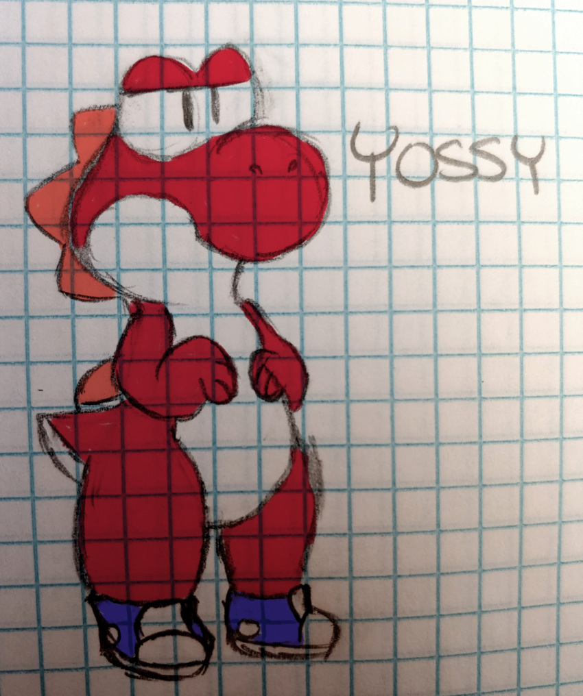 3_fingers ambiguous_gender anthro aroohwahoou clothing dinosaur fingers footwear footwear_only graphite_(artwork) green_yoshi hi_res mario_bros mostly_nude nintendo pencil_(artwork) red_body red_skin red_spikes reptile scalie shoes shoes_only sneakers sneakers_only solo traditional_media_(artwork) video_games white_body white_skin yoshi yoshi_(character)