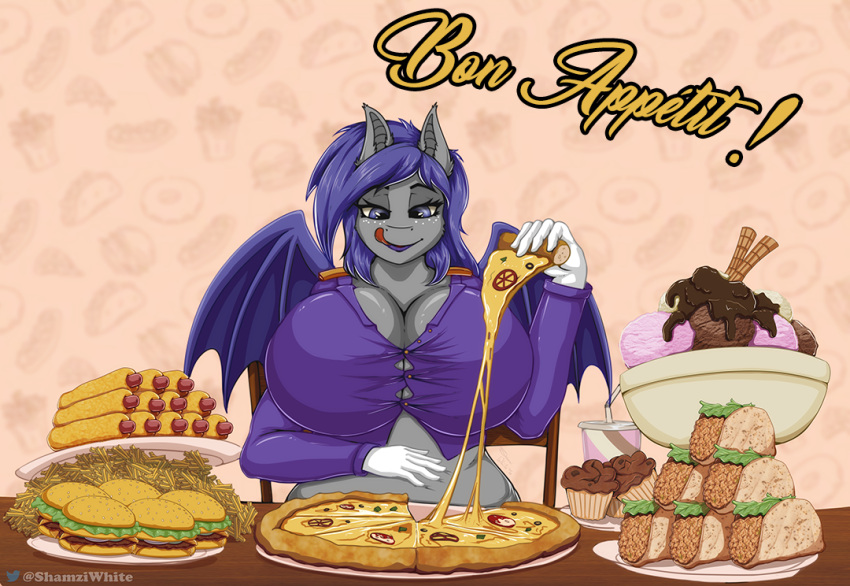 anthro bat_pony big_breasts breasts burger cleavage clothed clothing eating equid fan_character female food hot_dog huge_breasts mammal my_little_pony pizza slightly_chubby taco wings