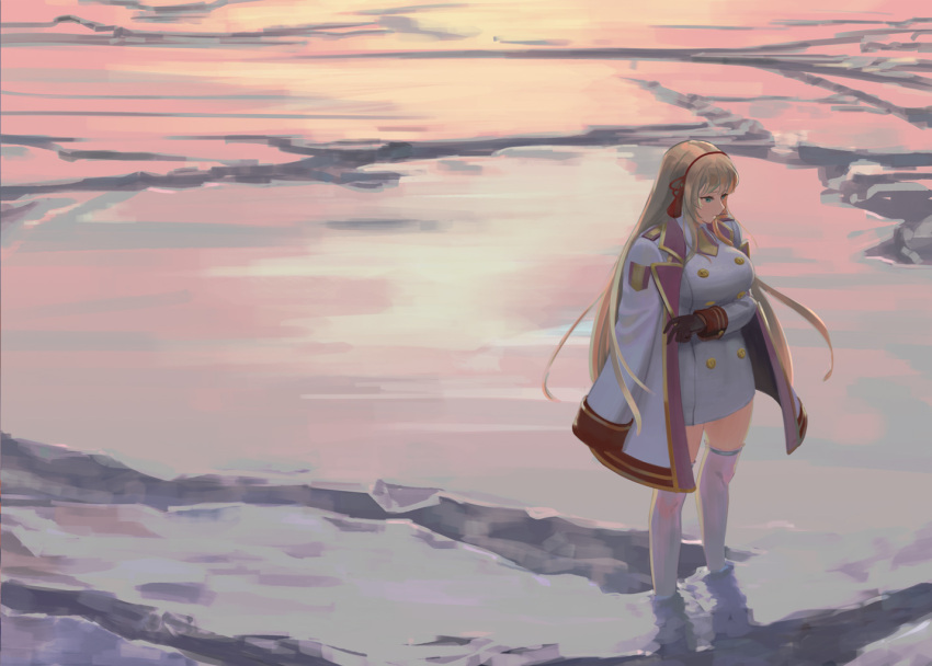1girl aqua_eyes bangs blonde_hair breasts buttons closed_mouth coat coat_on_shoulders double-breasted gloves hair_ribbon jacket large_breasts last_origin leona_of_blood_&amp;_iron long_hair long_sleeves nyanom outdoors red_ribbon ribbon snow solo tassel thighhighs very_long_hair white_jacket white_legwear