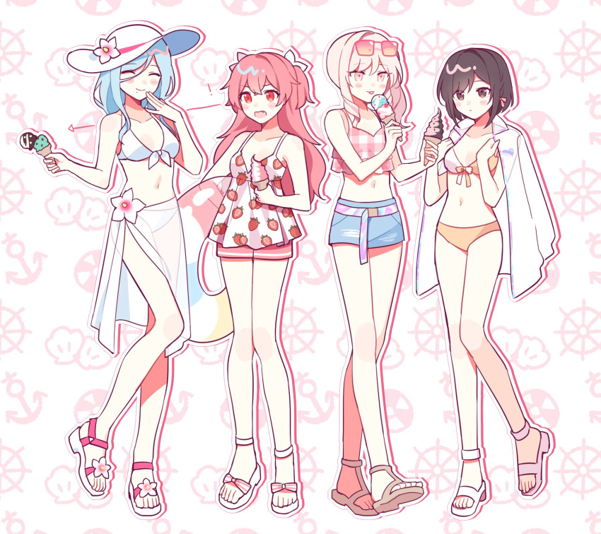 ! 1other 3girls akiyama_mizuki anchor bikini blue_hair blue_shorts bow breasts brown_eyes brown_footwear brown_hair commentary crop_top eyewear_on_head food food_print hair_bow hat highres hinomori_shizuku holding holding_food ice_cream ice_cream_cone innertube iridescent jacket jacket_on_shoulders long_hair medium_breasts momoi_airi multiple_girls orange_bow pink-framed_eyewear pink-tinted_eyewear pink_bow pink_eyes pink_hair plaid plaid_shirt project_sekai sandals shell shinonome_ena shirt short_hair shorts sleeveless sleeveless_shirt soft_serve steering_wheel strawberry_print sun_hat sunglasses swimsuit tinted_eyewear two-tone_bikini two_side_up waka_(wk4444) white_bikini white_bow white_footwear white_headwear white_jacket