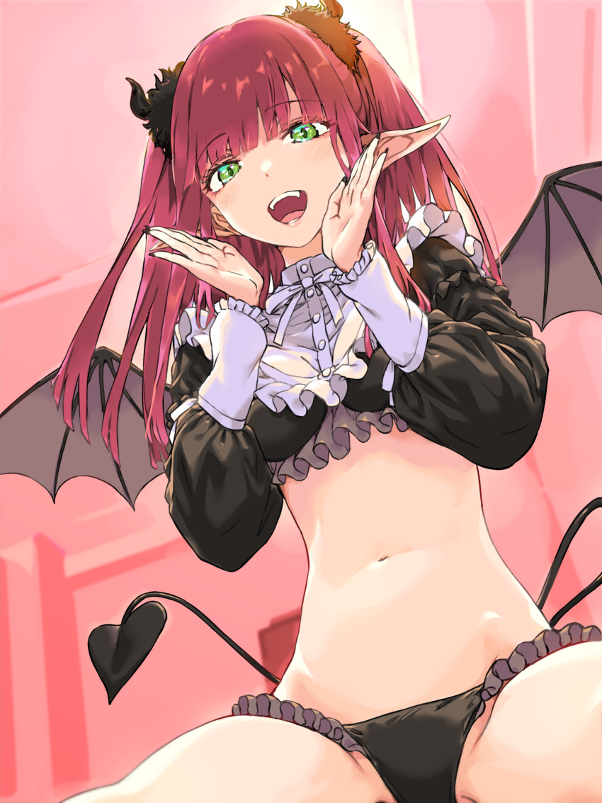 1girl :d absurdres bangs black_horns black_nails black_panties black_wings blunt_bangs blurry cosplay demon_girl demon_horns demon_tail demon_wings depth_of_field derivative_work fake_horns fake_wings fangs frilled_panties frilled_shirt frilled_shirt_collar frills from_below green_eyes haimura_kiyotaka hands_up highres horns kitagawa_marin long_hair long_pointy_ears long_sleeves nail_polish navel open_mouth panties pointy_ears puffy_sleeves red_hair revealing_clothes revision rizu-kyun shirt sidelocks sitting sleeves_past_wrists smile solo sono_bisque_doll_wa_koi_wo_suru tail teeth twintails two_side_up underwear upper_body upper_teeth white_shirt wings