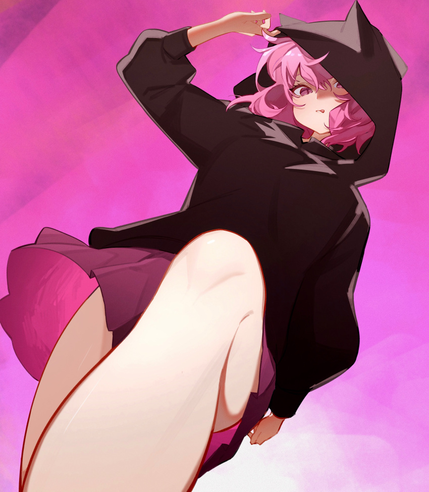 1girl absurdres bangs black_hoodie blush breasts highres hood hoodie long_sleeves looking_at_viewer niconico nqrse nyannyan_321 open_mouth pink_eyes pink_hair shirt short_hair simple_background skirt tongue tongue_out upper_body utaite_(singer)