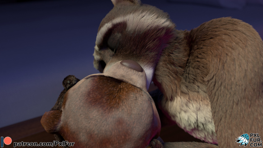 16:9 2022 3d_(artwork) anthro anthro_on_anthro big_dom_small_sub biped conditional_dnp detailed_background digital_media_(artwork) dominant duo fur hi_res kissing larger_male lutrine male male/male mammal mustelid nude open_mouth procyonid pxlfur raccoon size_difference size_play smaller_male watermark widescreen