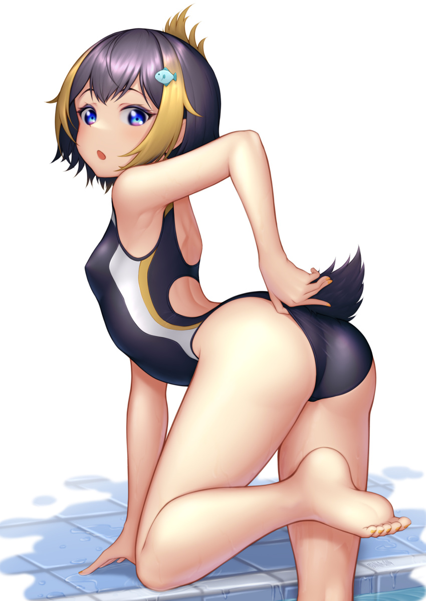 1girl ass black_hair blonde_hair blue_eyes blue_swimsuit blush breasts competition_swimsuit fish_hair_ornament from_behind hair_ornament highleg highleg_swimsuit highres looking_at_viewer looking_back nijisanji nitrus one-piece_swimsuit open_mouth petra_gurin pool poolside shiny shiny_hair short_hair solo swimsuit two-tone_swimsuit virtual_youtuber white_background