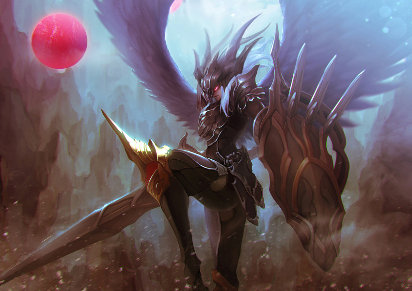 1boy armor demon fantasy feathered_wings full_moon giant giant_male glowing glowing_eyes highres holding holding_shield holding_sword holding_weapon knight male_focus moon original red_moon shield solo sword weapon wings y.m