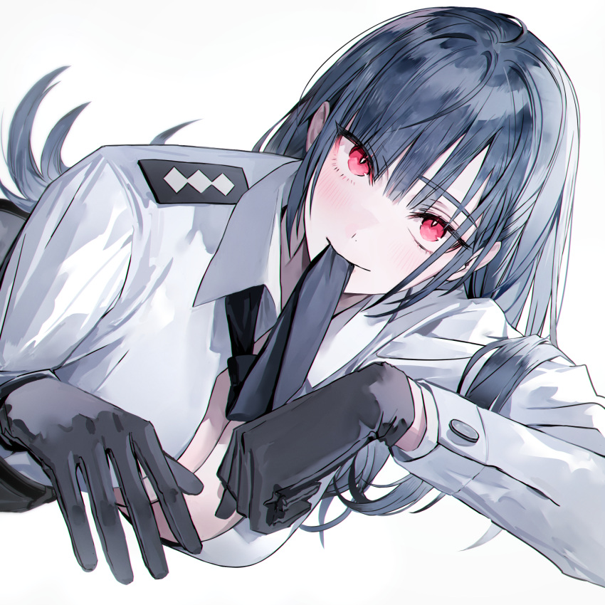 1girl bangs black_gloves black_hair black_necktie blush breasts buttons cleavage commentary english_commentary gloves highres jacket large_breasts long_hair looking_at_viewer lying mouth_hold muaooooo necktie necktie_in_mouth on_side original red_eyes simple_background solo upper_body white_background white_jacket