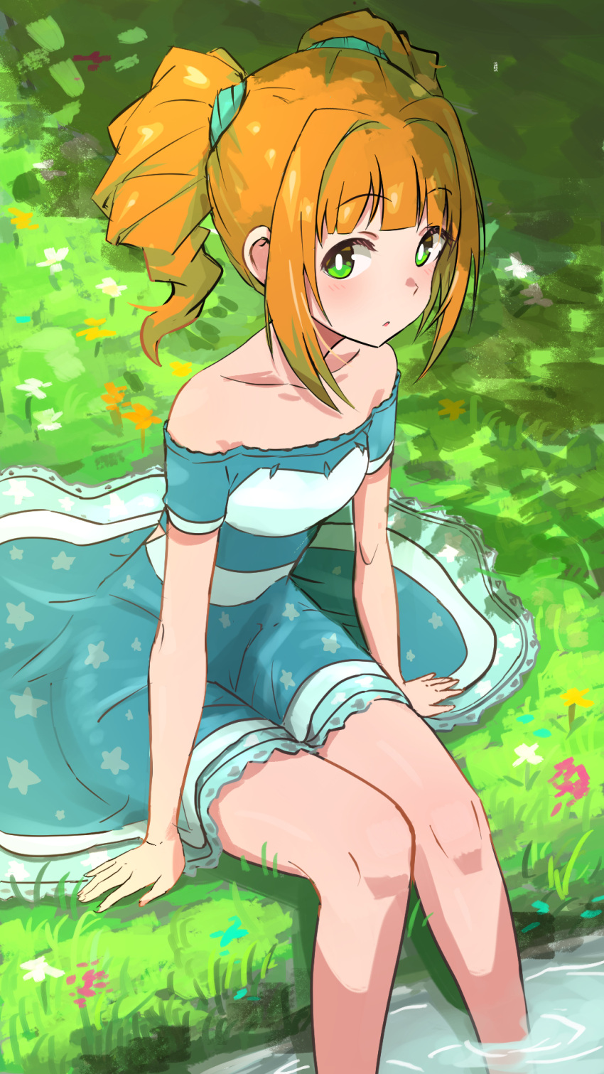 1girl blue_dress commentary dress green_eyes highres idolmaster idolmaster_(classic) knees looking_at_viewer ms_rinmoku off-shoulder_dress off_shoulder orange_hair partially_submerged sitting solo takatsuki_yayoi twintails water