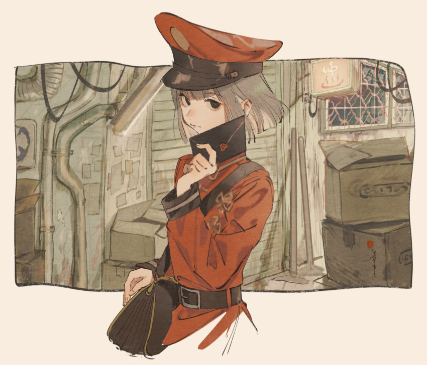 1girl bag belt box brown_background brown_eyes brown_hair cardboard_box closed_mouth commentary_request hat highres jacket long_sleeves looking_at_viewer military_hat mop original outdoors p-suke pipes red_hair red_jacket short_hair shoulder_bag solo upper_body