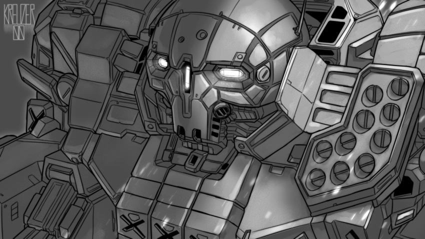 absurdres artist_name atlas_(battletech) battletech glowing glowing_eyes grey_background greyscale highres kreuzer_00 mecha missile_pod monochrome no_humans portrait science_fiction solo