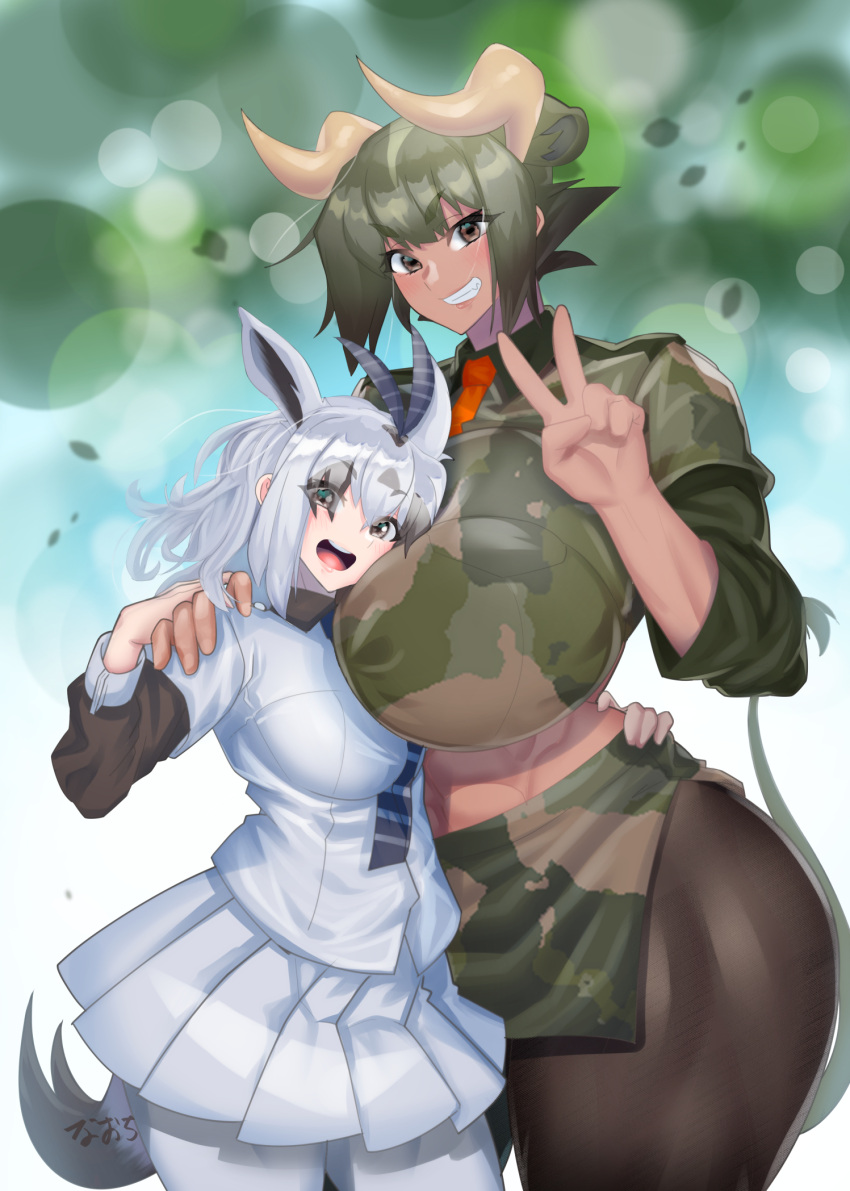 2girls alternate_breast_size animal_ears arabian_oryx_(kemono_friends) arm_around_back arm_around_waist aurochs_(kemono_friends) bangs black_hair black_legwear breast_smother breasts brown_eyes camouflage camouflage_shirt camouflage_skirt collared_shirt colored_inner_hair cow_ears cow_girl cow_tail cowboy_shot curvy dark-skinned_female dark_skin extra_ears eyebrows_visible_through_hair eyes_visible_through_hair face_to_breasts floating_hair gazelle_ears gazelle_horns gazelle_tail gigantic_breasts green_hair grey_eyes grey_hair grin hair_over_one_eye hand_on_another's_hand hand_on_another's_shoulder hand_up head_on_chest head_tilt height_difference highres horizontal_pupils horns impossible_clothes impossible_shirt kemono_friends large_breasts layered_sleeves long_sleeves looking_at_viewer medium_hair microskirt midriff miniskirt multicolored_hair multiple_girls naochi_(bobi8081) necktie open_mouth pantyhose pleated_skirt print_shirt print_skirt red_necktie shiny shiny_hair shirt short_hair short_over_long_sleeves short_sleeves sidelocks silver_hair skirt smile stomach tail tall_female toned two-tone_hair v v-shaped_eyebrows white_legwear white_shirt white_skirt wing_collar