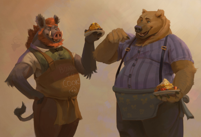 2022 anthro apron belly big_belly biped black_nose bottomwear brown_body brown_fur cariboops clothing duo food fur hi_res humanoid_hands male mammal overweight overweight_male pancake pants shirt suid suina sus_(pig) topwear ursid waffle wild_boar
