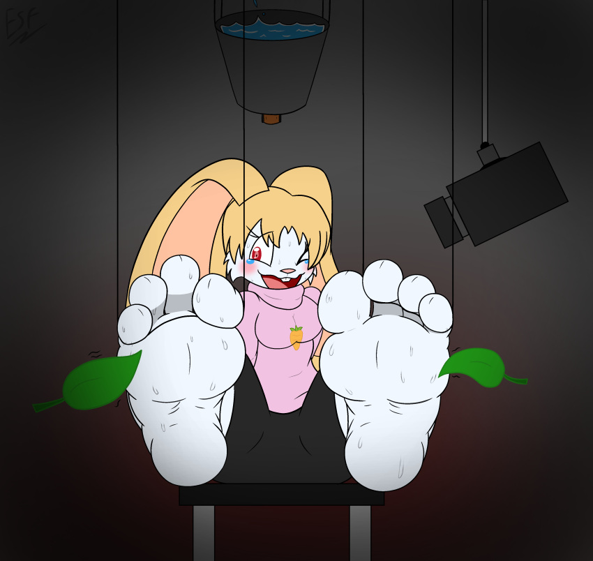 4_toes absurd_res anthro bound clothing electricsnowfox feet female foot_fetish foot_focus fur hair hi_res lagomorph leporid mammal rabbit soles solo tickling tickling_feet toes white_body white_fur