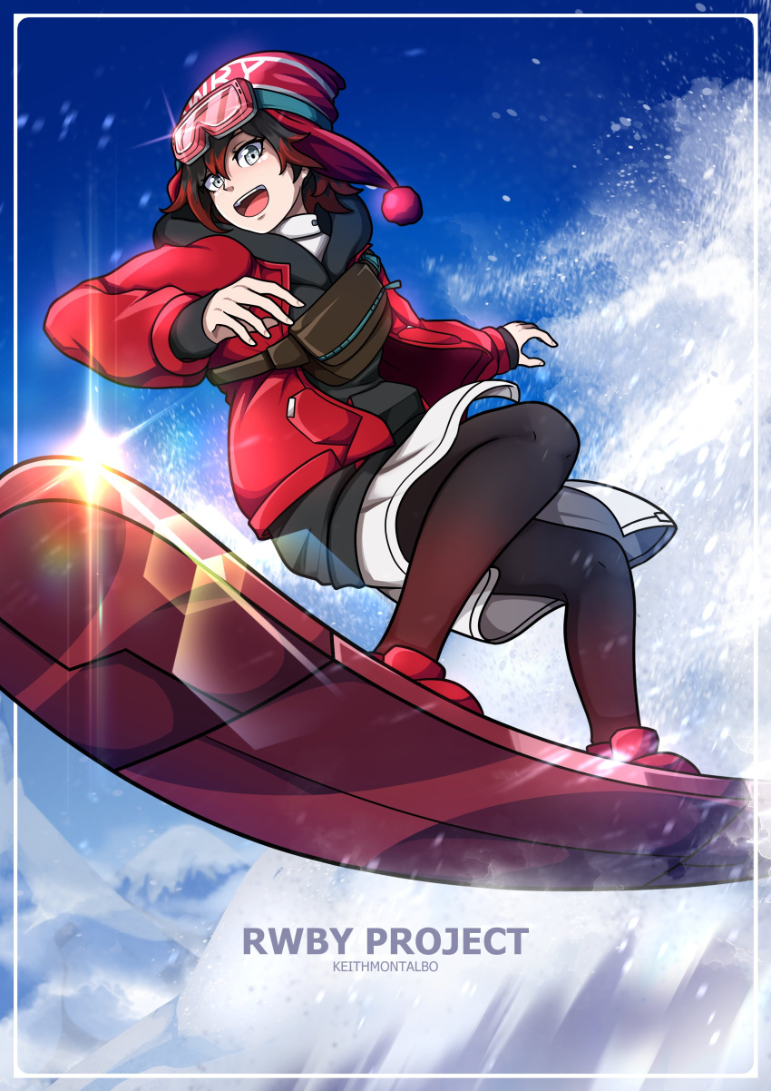 1girl absurdres artist_name black_hair blue_sky english_text goggles goggles_on_headwear highres jacket keith_montalbo mountain multicolored_hair official_alternate_costume red_hair ruby_rose rwby rwby_ice_queendom sky snow snowboard snowboarding solo thighhighs