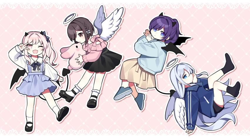 1other 25-ji_night_code_de._(project_sekai) 3girls akiyama_mizuki angel_and_devil angel_wings asahina_mafuyu bangs black_footwear black_legwear black_shirt black_skirt blue_bow blue_cardigan blue_eyes blue_jacket blue_skirt bow cardigan chibi commentary demon_horns demon_tail demon_wings hair_bow halo high_ponytail highres horns jacket long_hair multiple_girls no_shoes pink_background pink_eyes pink_hair pink_shirt project_sekai shinonome_ena shirt shoes short_hair sidelocks skirt socks tail very_long_hair waka_(wk4444) white_hair white_legwear white_shirt wings yoisaki_kanade