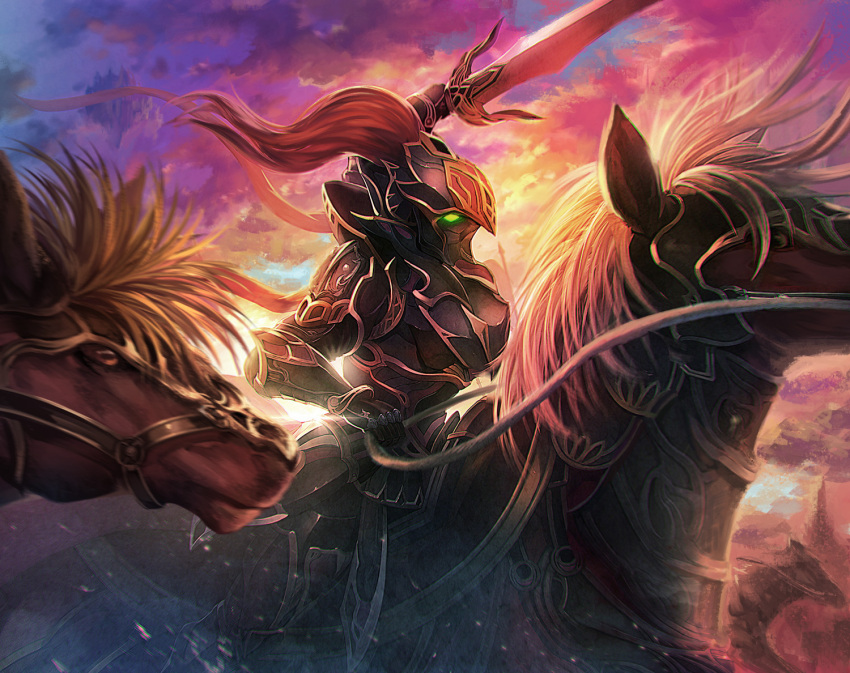 1boy animal armor cloud helmet holding holding_sword holding_weapon horse knight male_focus original riding scenery sky sword weapon y.m