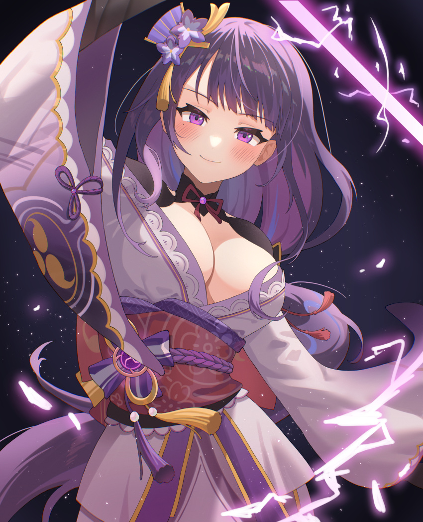 1girl absurdres arm_at_side arm_up blush braid braided_ponytail breasts choker cleavage dark_background electricity eyebrows_visible_through_hair flower genshin_impact hair_flower hair_ornament highres holding holding_sword holding_weapon japanese_clothes kimono large_breasts light_particles looking_at_viewer mitsudomoe_(shape) mole mole_under_eye musou_isshin_(genshin_impact) neil_(neil_nim) obi obiage obijime print_kimono purple_background purple_eyes purple_flower purple_hair purple_kimono purple_rope raiden_shogun red_ribbon ribbon ribbon_choker rope sash shrug_(clothing) smile solo sword tassel tomoe_(symbol) upper_body weapon yellow_rope