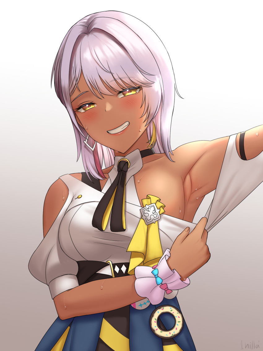 1girl 1nilla' :d arm_up armpits bangs blue_jacket breasts carole_peppers clothes_around_waist dark-skinned_female dark_skin earrings grin highres honkai_(series) honkai_impact_3rd jacket jacket_around_waist jewelry looking_at_viewer shirt short_hair sideboob smile solo sweat teeth white_hair white_shirt yellow_eyes