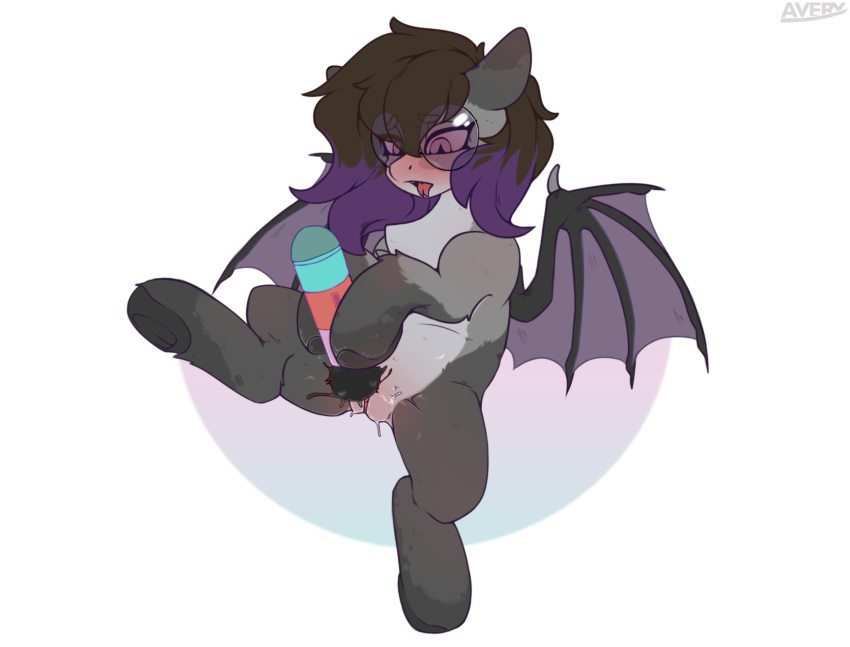absurd_res avery-valentine bat_pony bat_wings black_hair bodily_fluids equid eyewear fan_character female feral fur genital_fluids genitals glasses grey_body grey_fur hair hasbro hi_res holding_object hooves mammal membrane_(anatomy) membranous_wings multicolored_hair my_little_pony purple_eyes purple_hair pussy pussy_juice sex_toy solo two_tone_hair vibrator wing_claws wings